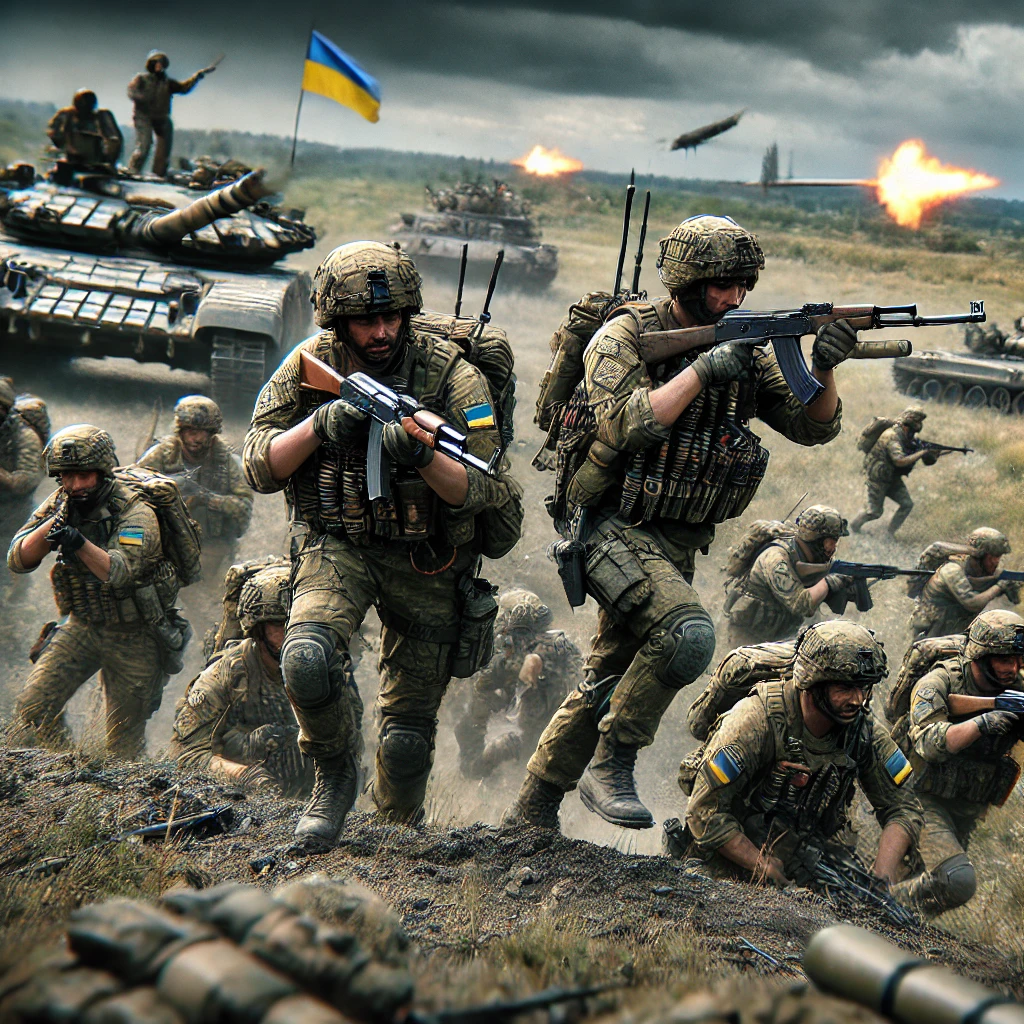 DALL·E 2024-08-20 10.24.08 - A highly realistic image showing Ukrainian forces advancing on a strategic position during a counteroffensive. The soldiers, in full combat gear, are