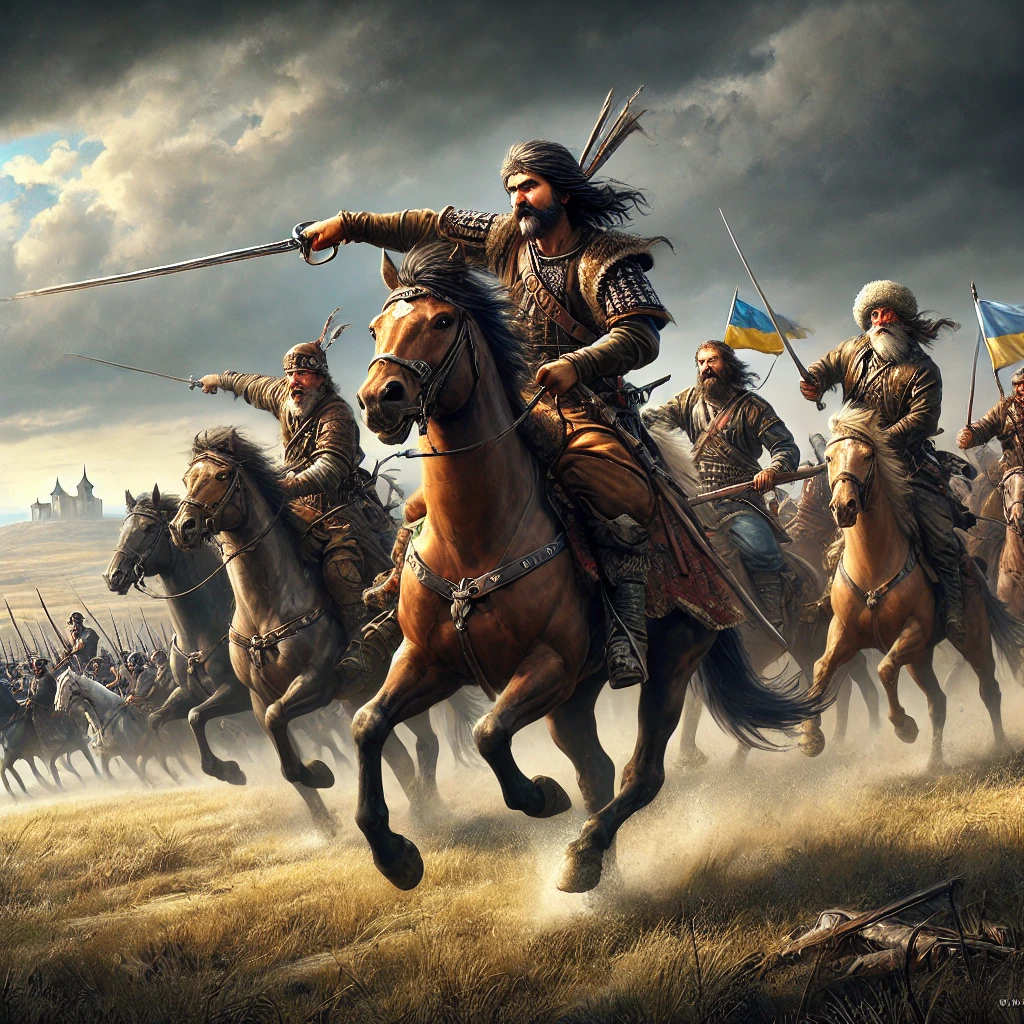 DALL·E 2024-08-20 10.39.55 - A highly realistic image depicting the Ukrainian Cossack wars for independence during the 17th-18th centuries. The scene shows Ukrainian Cossacks on h