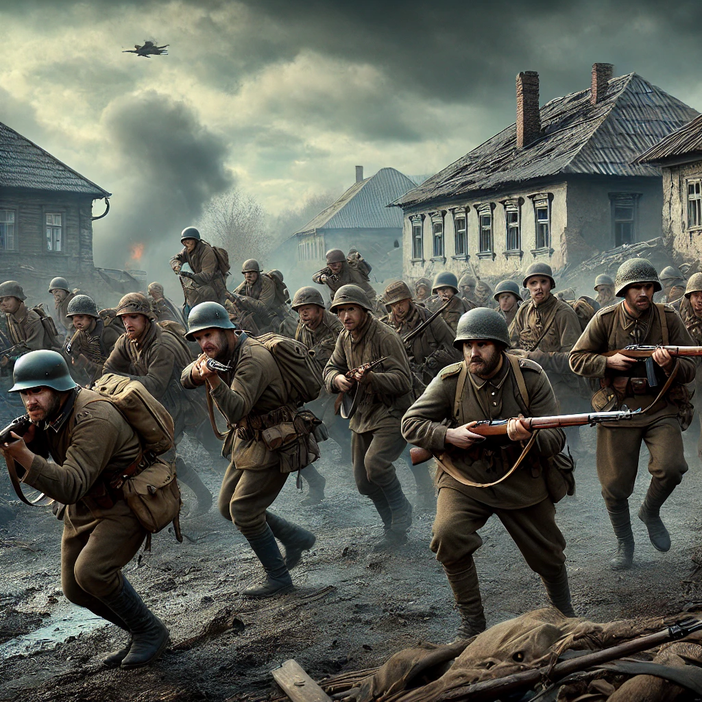 DALL·E 2024-08-20 10.43.20 - A highly realistic image depicting Ukrainian soldiers participating in World War II. The scene shows Ukrainian soldiers in full military gear from the