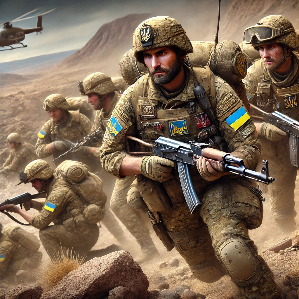 DALL·E 2024-08-20 10.47.10 - A highly realistic image depicting Ukrainian soldiers participating in the Soviet-Afghan War (1979-1989). The scene shows Ukrainian soldiers in desert