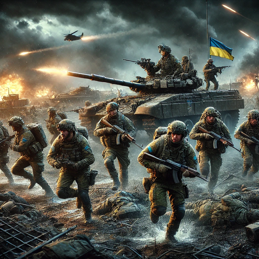 DALL·E 2024-08-20 10.53.41 - A highly realistic image depicting Ukrainian soldiers advancing towards a heavily fortified position during a counteroffensive. The soldiers, dressed